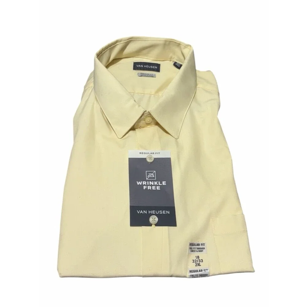 NEW Van Heusen Cream Yellow Regular Fit Stretch Wrinkle Free Dress Shirt 18 2XL